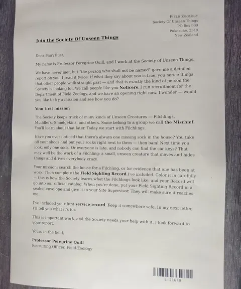 A Society letter, printed on one sheet of A4 and unfolded on a table.