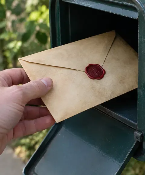 Illustration: a hand slips an envelope sealed with red wax into a letterbox.