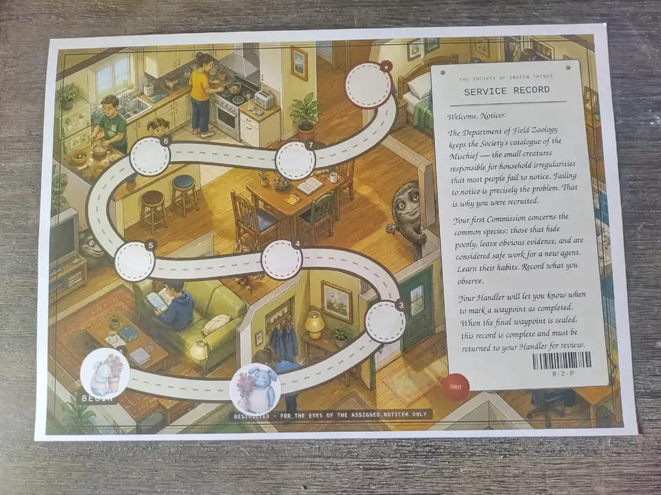 A service record printed in colour on card stock: a house drawn from above with a winding road of seven waypoints, the first two covered with creature stickers.