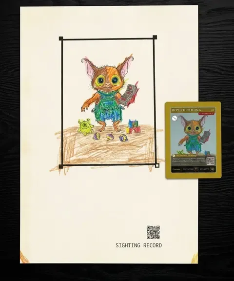 Illustration: a Filchling sighting record coloured in with pencils, beside the catalogue card printed from it.