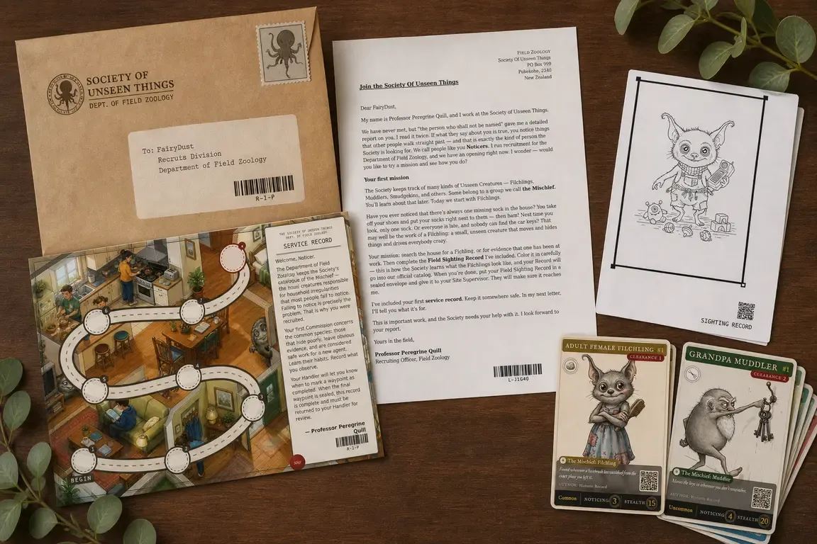 Illustration: the first envelope from the Society opened on a table, with the letter, a colour service record, a sighting record to colour in, and catalogue cards fanned out.